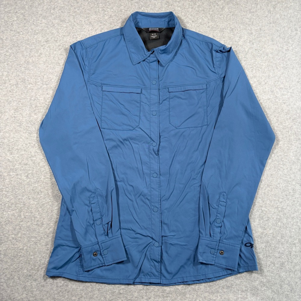 Outdoor Research Optimist Long Sleeve Shirt Womens Medium Blue Snap Front Hiking